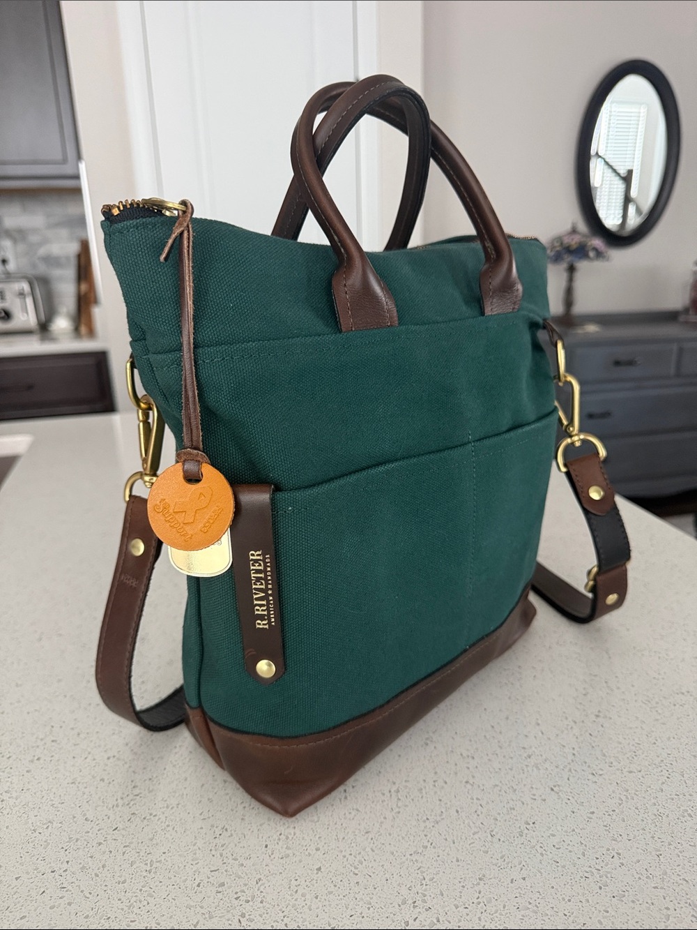 Teal Canvas Crossbody Tote with Brown Leather Trim - Picture 2 of 7